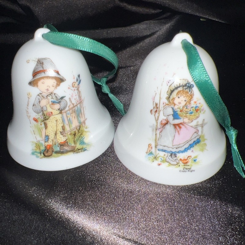 Vintage Country Girl And Country Boy Bell Ornaments Lot Of 2