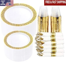 350 Pieces Gold Plastic Dinnerware Set Disposable Plates Cutlery Cups Parties US