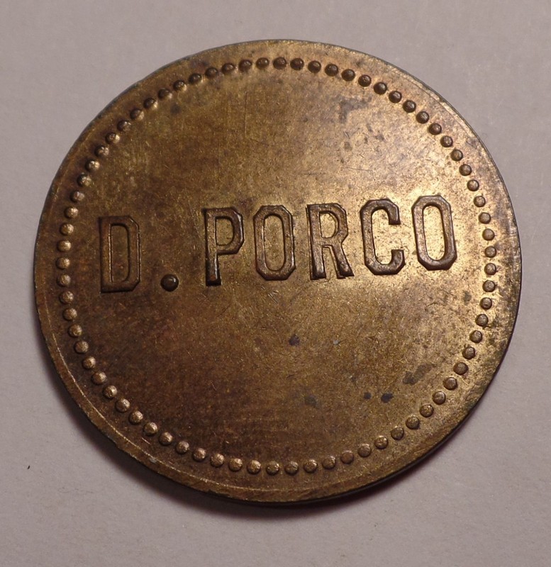 unlisted maverick trade token D. Porco round brass 5¢ drink bar token
