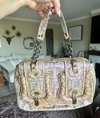 Fendi Zucca Metallic Beige Purple Shoulder Bag Chain Strap Turn Lock, Medium