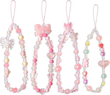 4 PCS Pink Bowknot Beaded Phone Lanyard Set, Adorable Butterfly Bear Bow Cell Ph