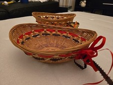 2 Vintage Oval Wicker Basket Natural Color With Colored Thread