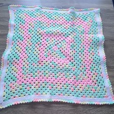 Granny Square Crochet Baby Blanket Newborn Pastel Colors White Trim 25"
