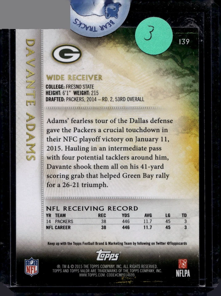 2015 Topps Valor #139 Davante Adams Discipline #/199 - Image 2 of 2