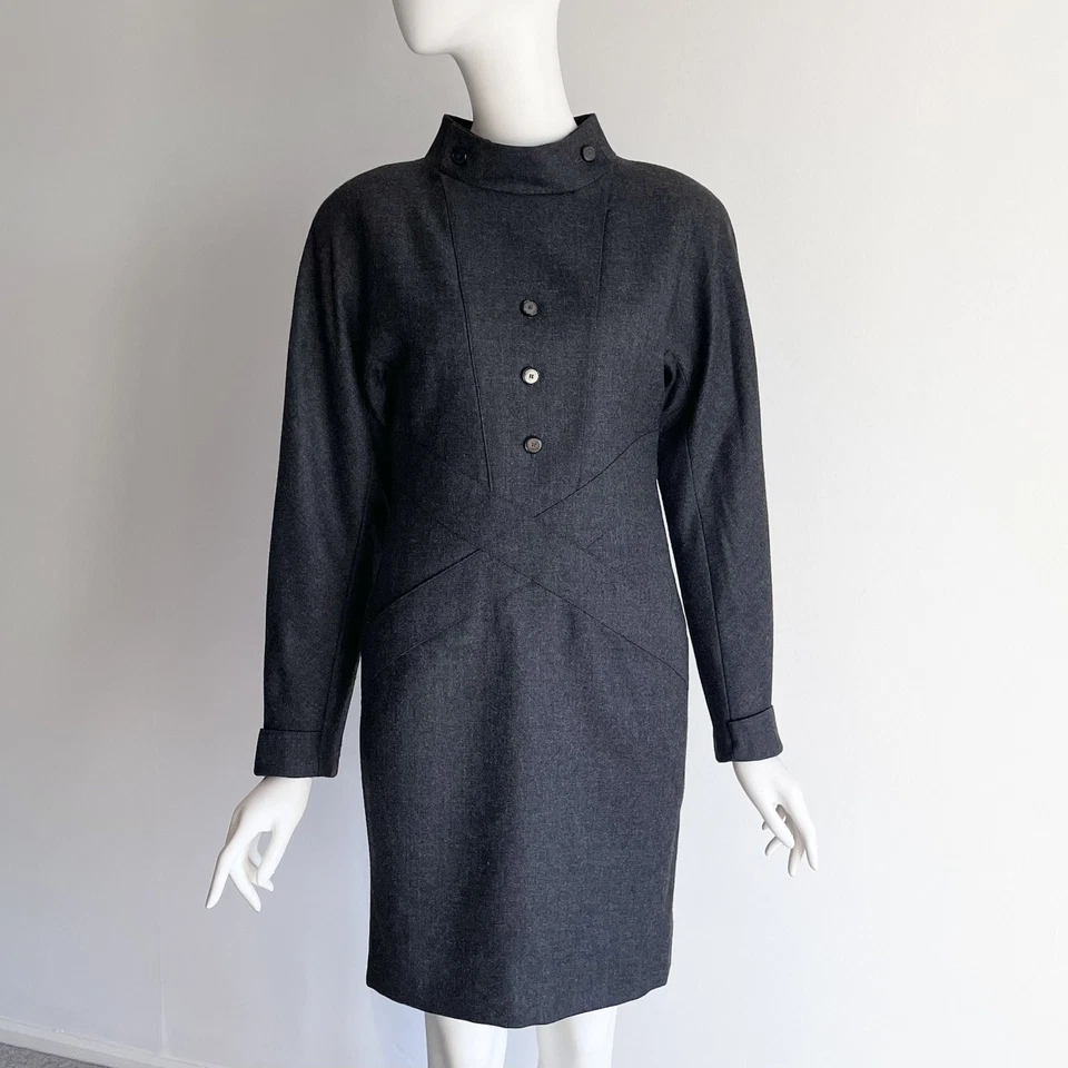 Vestido de lana gris Chloe vintage años 80 botones delanteros cruzados hombreras talla XS Foto 4 de 4