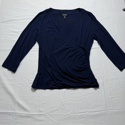 Lauren Ralph Lauren Blouse Women s XL Black Label V Neck Navy Blue 