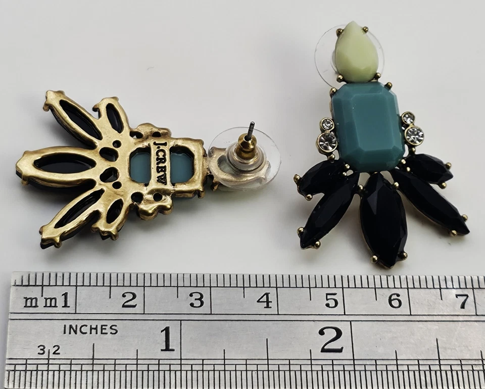 Vintage Signierte J. Crew Goldfarbene Blau Weiße Klare Strass Ohrringe - Bild 3 von 3