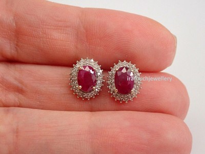 2ct Oval Lab Created Ruby Cluster Stud Women Earrings 14K Yellow Gold Plated