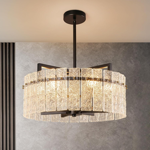 6-Light Black Round Water Ripple Glass Chandelier 20 Inches Wide