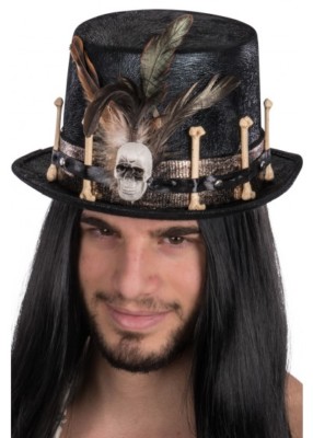 Black Voodoo Top Hat Bones Skull Halloween Mens Fancy Dress Accessory Witch Dr