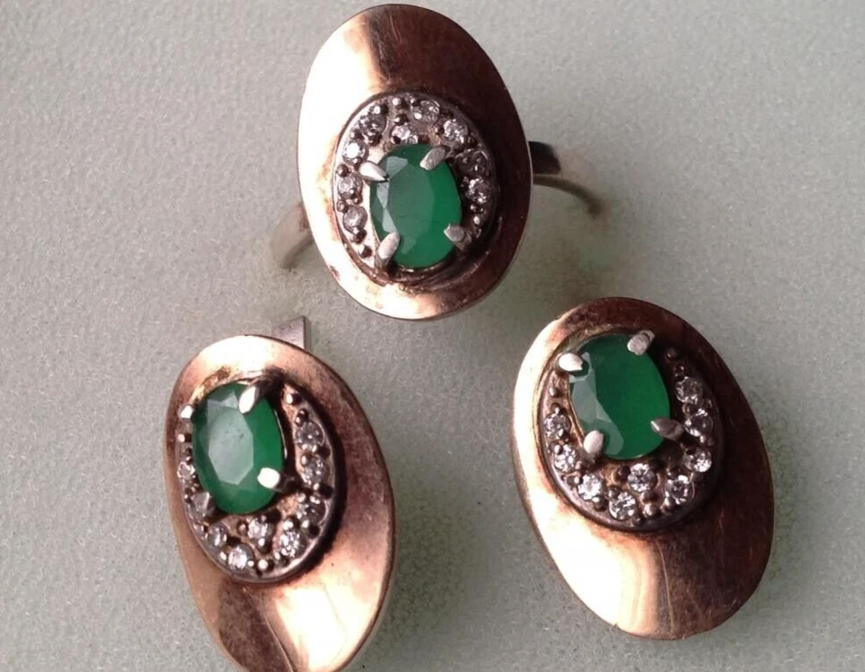 Conjunto Joyería Mujer Pendientes y Anillo Plata 925 Oro 375 Piedra Esmeralda 10.6 gr Foto 3 de 4