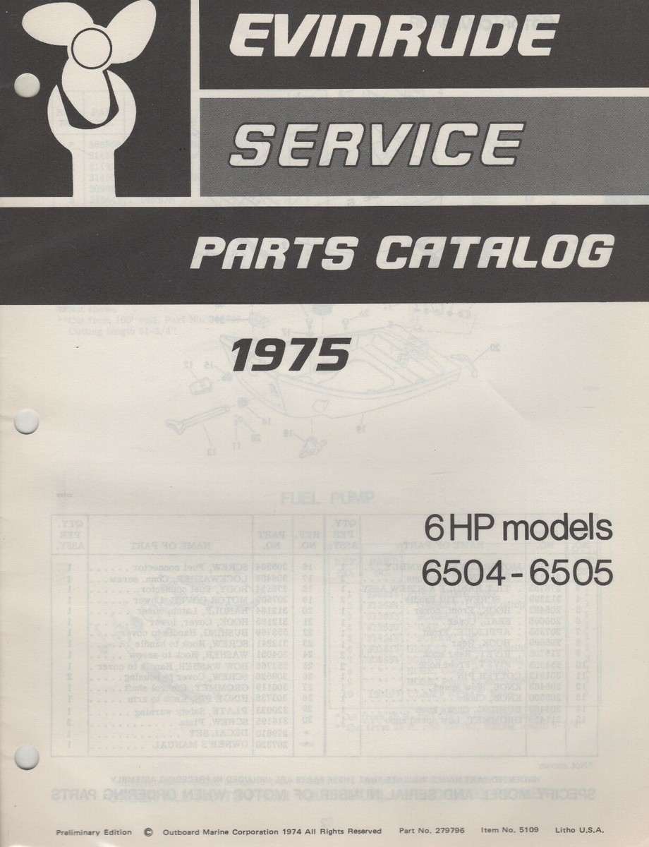 Aー1 1975 EVINRUDE OUTBOARD 6 HP PARTS MANUAL P/N 279796 (647) | eBay