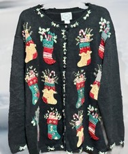 Stitches In Time Cardigan Sweater Holiday Christmas Black Size 1X Stockings