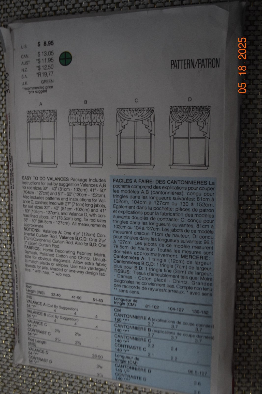 Butterick 3279 Pattern Home Decor Window Valances Waverly Uncut