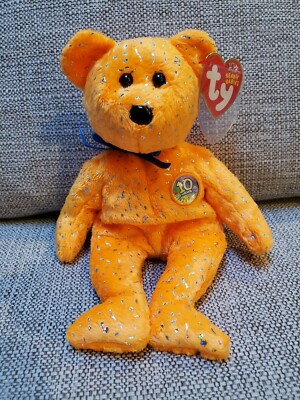 TY Beanie Baby DECADE Bear (Orange Version inch) 10 Year Anniversary  Plush