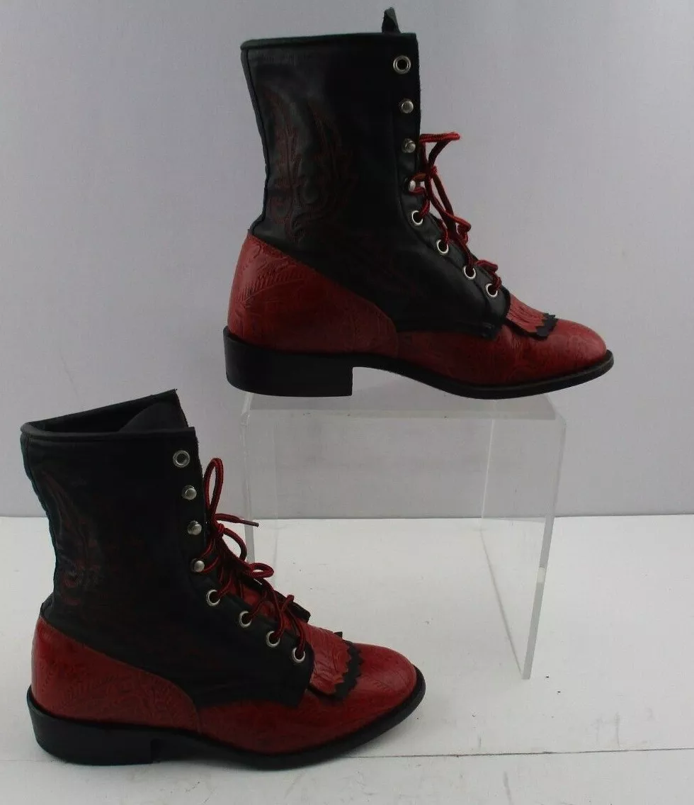 Ladies Larry Mahan Red Black Leather Roper Lace Up Boots Size 6 M