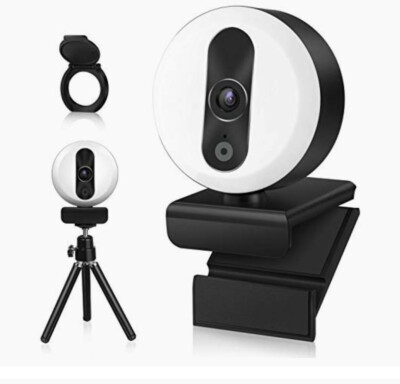 Webcam with Ring Light and Microphone, 2K HD Autofocus Tripod PC Desktop  USB UK