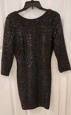 Fashion Nova Black Sequin Open Back 3/4 Sleeve Fitted Party Dress Small
