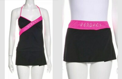 New 1K Versace Logo Mini Skirt Swim Black Swimsuit 40 42 2 4 6 Suit Pink M S