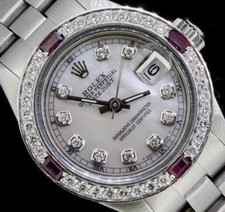 Rolex Ladies Date Datejust Oyster Stainless Diamond Ruby Bezel Watch