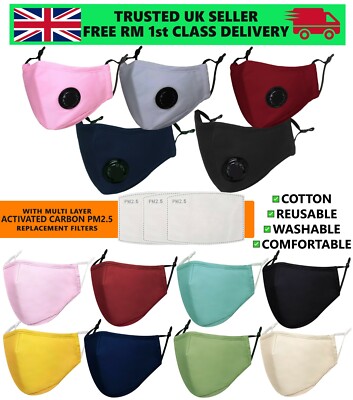 Unisex Baumwolle Stoff Gesichtsmaske waschbar wiederverwendbar Luftventil & PM2,5 Filter Erwachsene