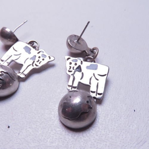 Sterling Silver Cow Bovine Dangle Mexico Earrings - Picture 2 of 10