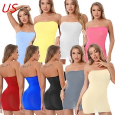 Women Stretchy Bodycon Dress Sheer Mesh Bandeau Shiny Tube Top Mini Nightwear