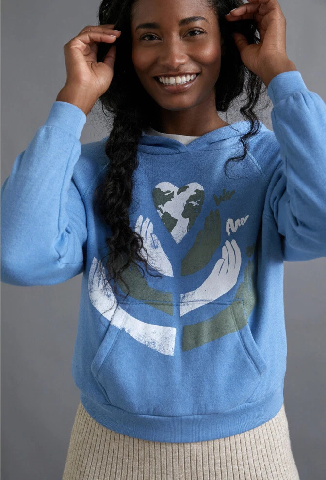 Anthropologie Dazey LA We Are One Graphic Sweatshirt Hoodie Blue Size Small Nwt