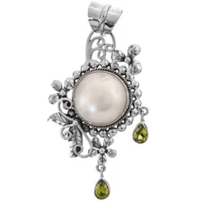 925 Sterling Silver White Mabe Pearl Peridot Sterling Pendant, 2 3/16"