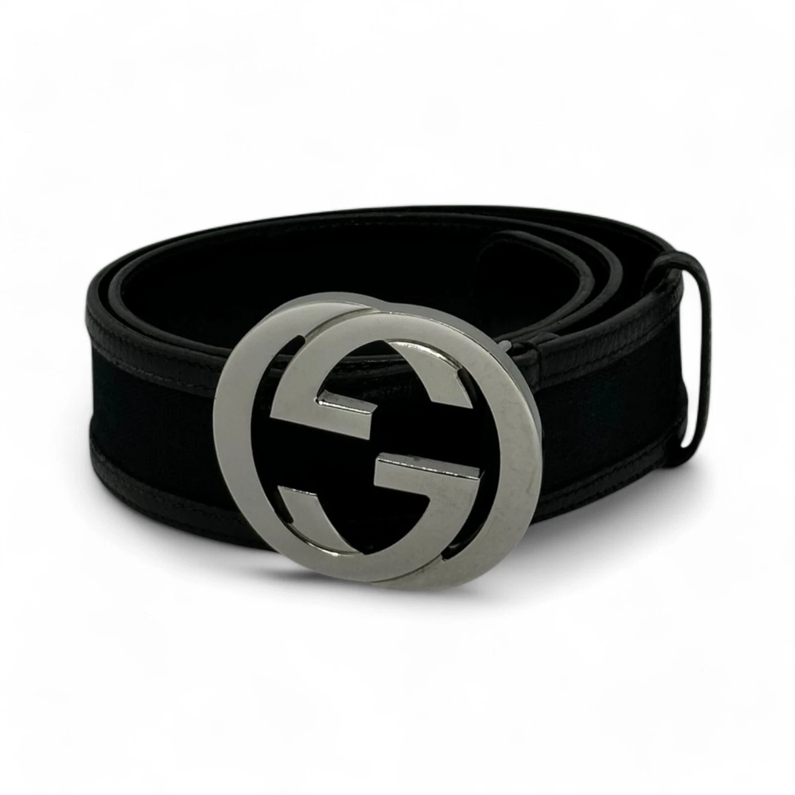 Authentique ceinture Gucci monogramme toile et cuir noir entrelacé G taille 80/32