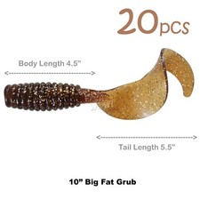 20pcs 10" w/ curly tail extended Perch Grub Fat Chubby Soft Fish Lure Root Beer