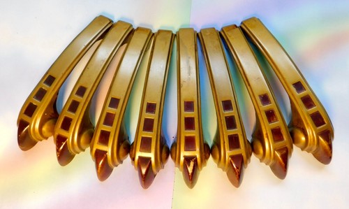 Set Of 8 Art Deco Brass Tone Vertical Drawer Pull Claw Handles w Red Enamel 5.5" - Picture 10 of 24