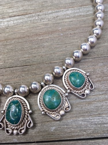 "Collar vintage de plata esterlina verde turquesa flor de calabaza 19""" - Imagen 7 de 12