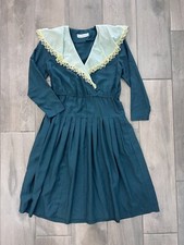 Vintage Rhodes Collection Inc  Green Pleated Dress Contrast Lace Detail Neck XL