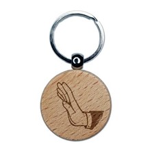 Stop Wait Halt Hand Gesture Engraved Wood Round Keychain Tag Charm