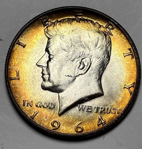 1964-D 50c Silver Kennedy Half Dollar - Thick Target Toning - GEM BU