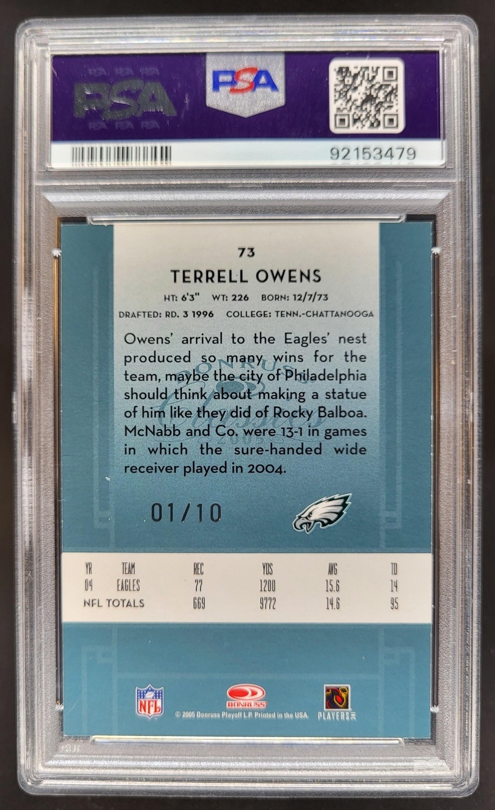 2005 Donruss Classics Terrell Owens Timeless Tributes Platinum /10 PSA 8 DD5 view 2
