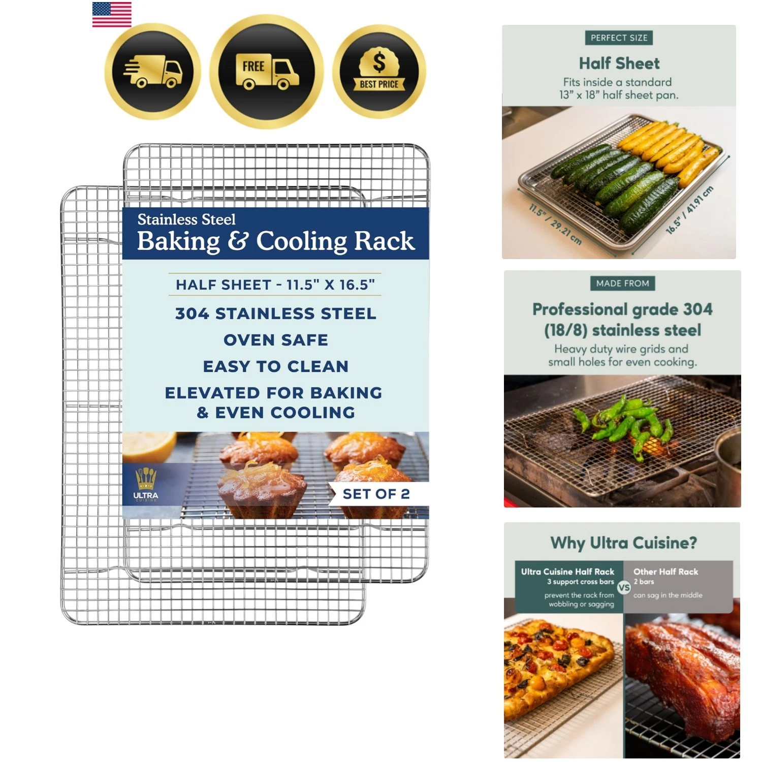 Oven-Safe, Dishwasher-Safe 100% Stainless Steel Cooling and Baking Rack Set H...
Opens in a new wind