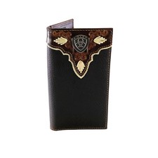 ARIAT Mens Rodeo Wallet, Medium Brown Distressed Leather with Embossed Overlay
