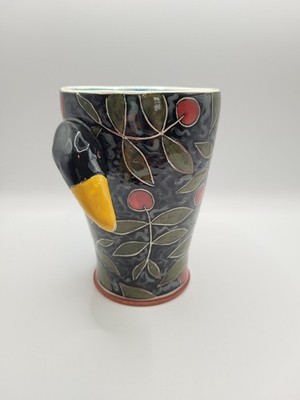 Handmade Studio Art Pottery Black Bird Handle With Cherry Pattern Mug SIGNED