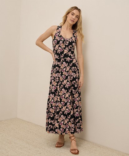 Pact Women's Small Fit & Flare Open Back Maxi Dress Scattered Posies Black