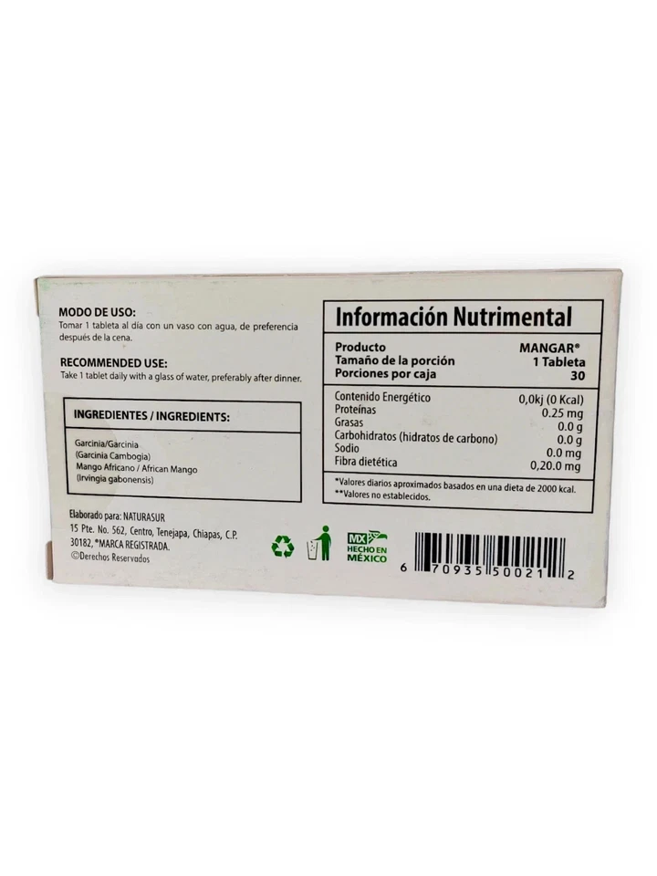 MANGAR MANGO AFRICANO Y GARCINIA MANGO 30 TABLETAS 500 MG VIVO NATURAL Foto 3 de 3