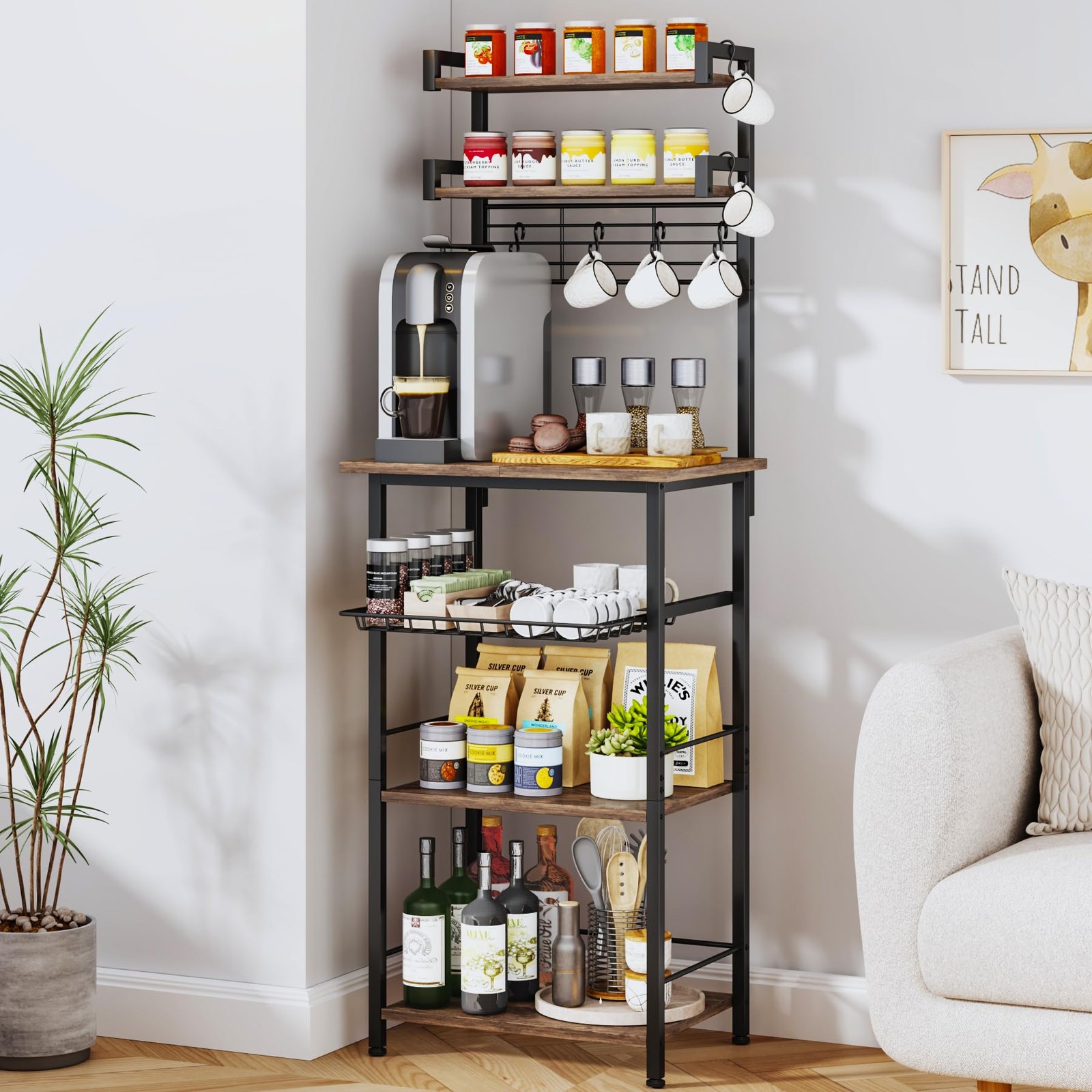 6-Tier Coffee Stand Station - Tall Bakers Rack with Drawer &