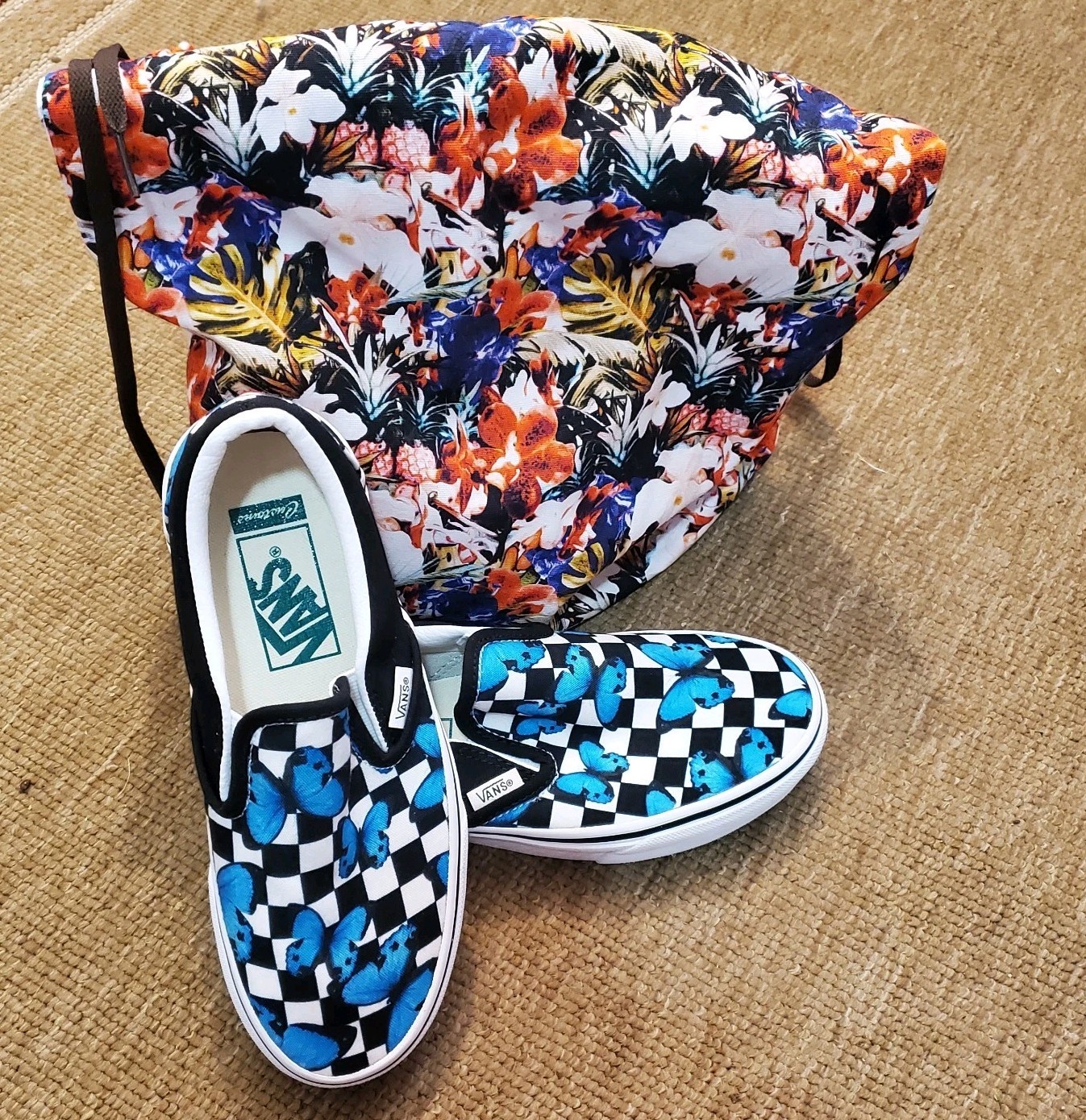 VANS Custom Slip-On Shoes Butterfly Checkerboard Black White size 3.5 M, 5 W. 