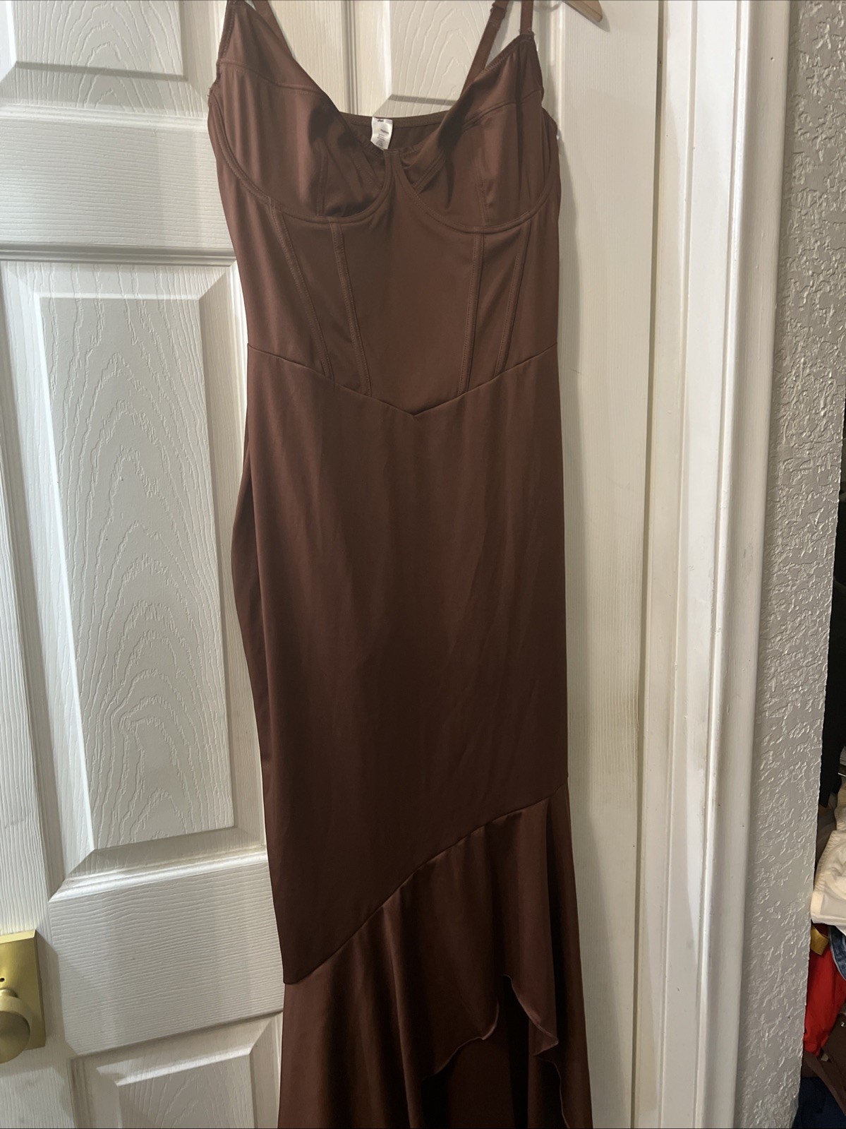 Popilush Corset Dress Built in Shapewear Women V-Neck Maxi Formal Dress BROWN XL