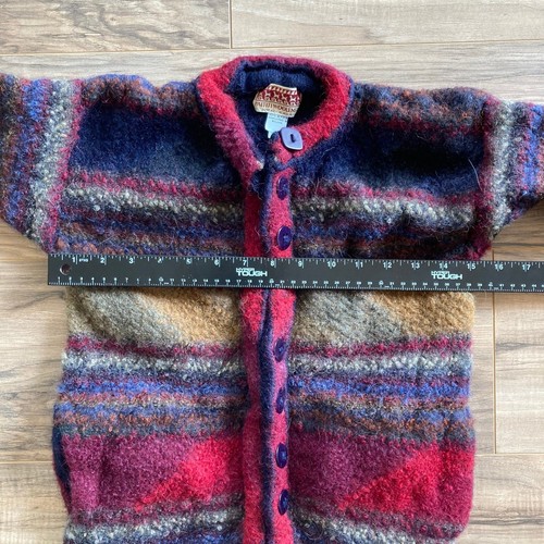 Paititi Woolen Alpaca Wool Cardigan Kids M Red Blue Alaska Handmade Bolivia FLAW - Picture 8 of 11