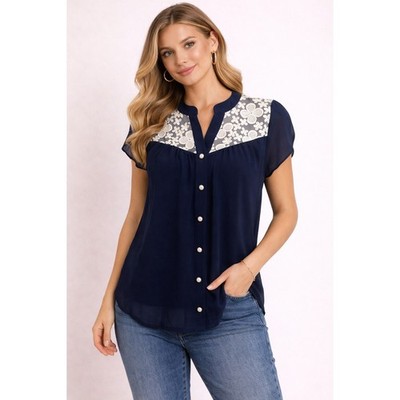 Aina Be- Navy Blouse with White Floral Accents Size M