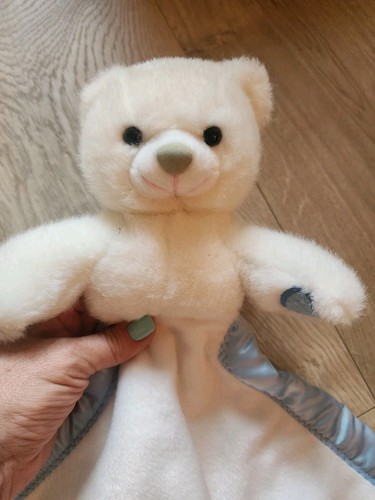 My Banky White Blue Bear Lovey Satin Trim Security Blanket Plush EUC Ships $0 - Picture 3 of 6