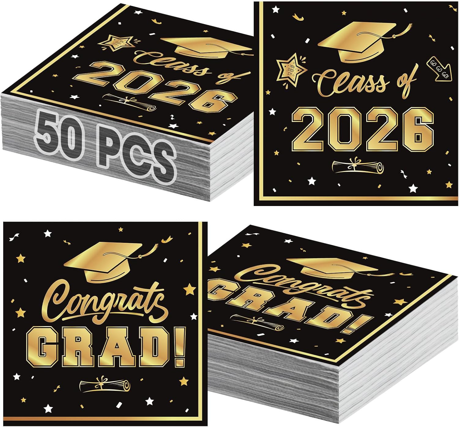 50 Pcs Graduation Napkins Decorations - Black Gold Class of 2026 Congrats GRAD 3