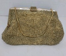 Vintage La Regale Gold Tone Beaded Purse Mother of Pearl Accent Hong Kong